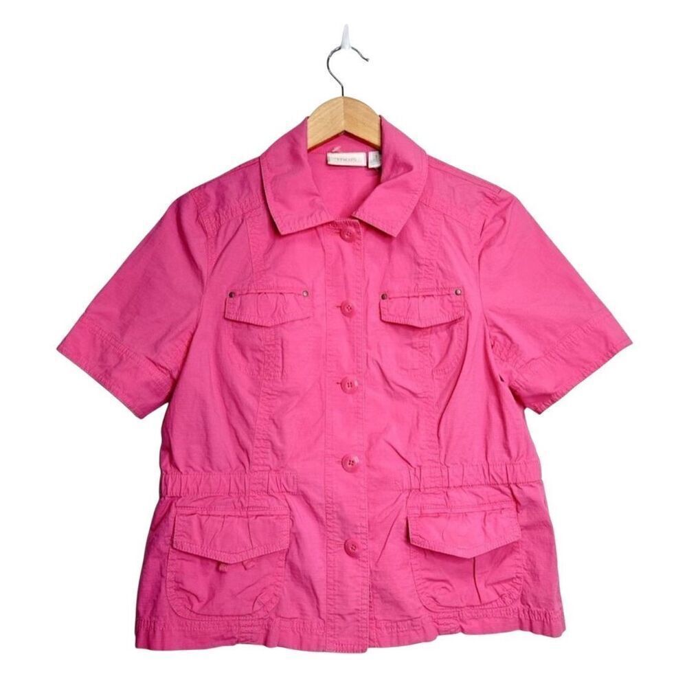 Chico’s Cargo Shirt Womens Pink Short‎ Sleeve Size Medium Front Pockets Collared
